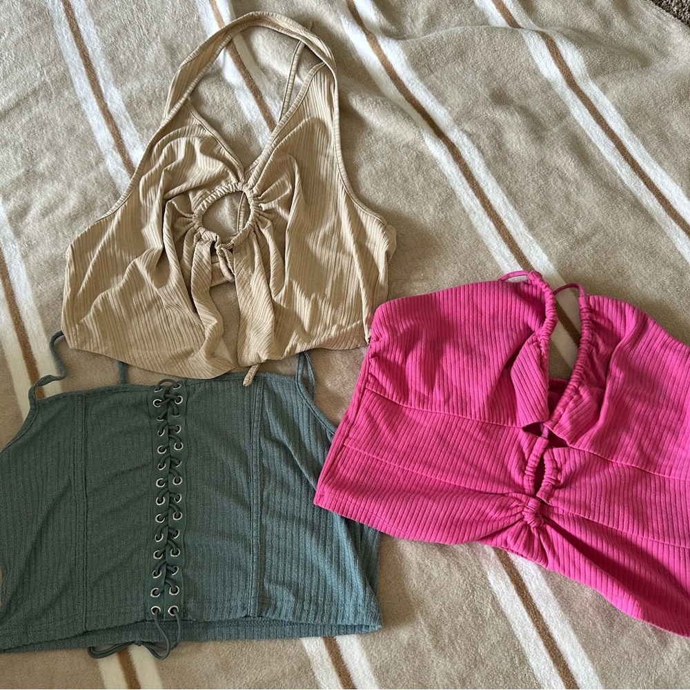 Trendy Crop Top Set in Pink, Blue, and Tan
